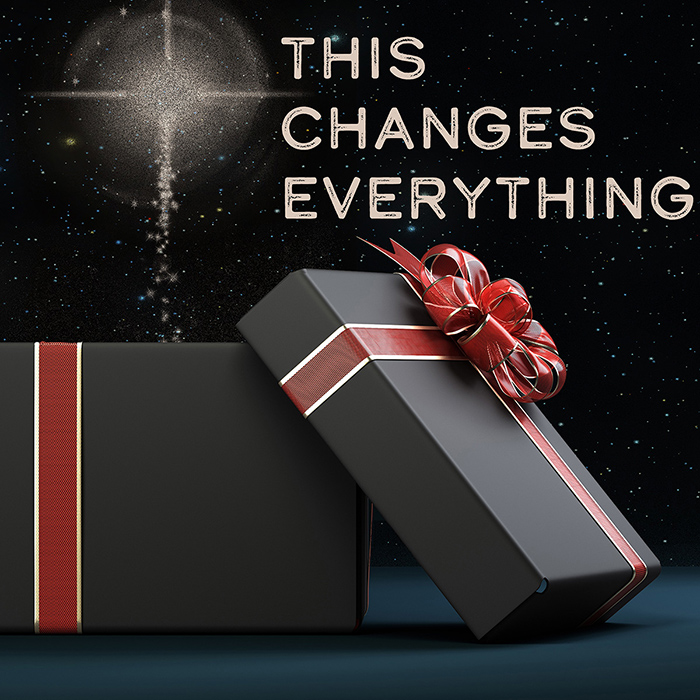 Open gift with a starburst above it and the overlaid words This Changes Everything (Jesus)