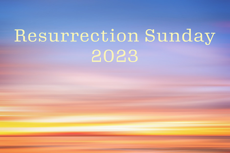 Sunrise with text overlay Resurrection Sunday 2023. Image for Easter celebration with Faith Lutheran Church of McLean County