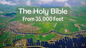 Text overlay describing sermon series of Faith Lutheran Church of McLean County - The Holy Bible from 35,000 feet. Background is arial view of harbor and green land