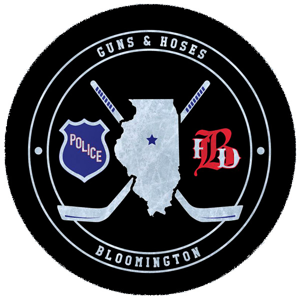 Black emblem patch of annual hockey game fundraiser for Special Olympics Torch Run featuring police and fire department shields a depiction of the state of Illinois and 2 hockey sticks.