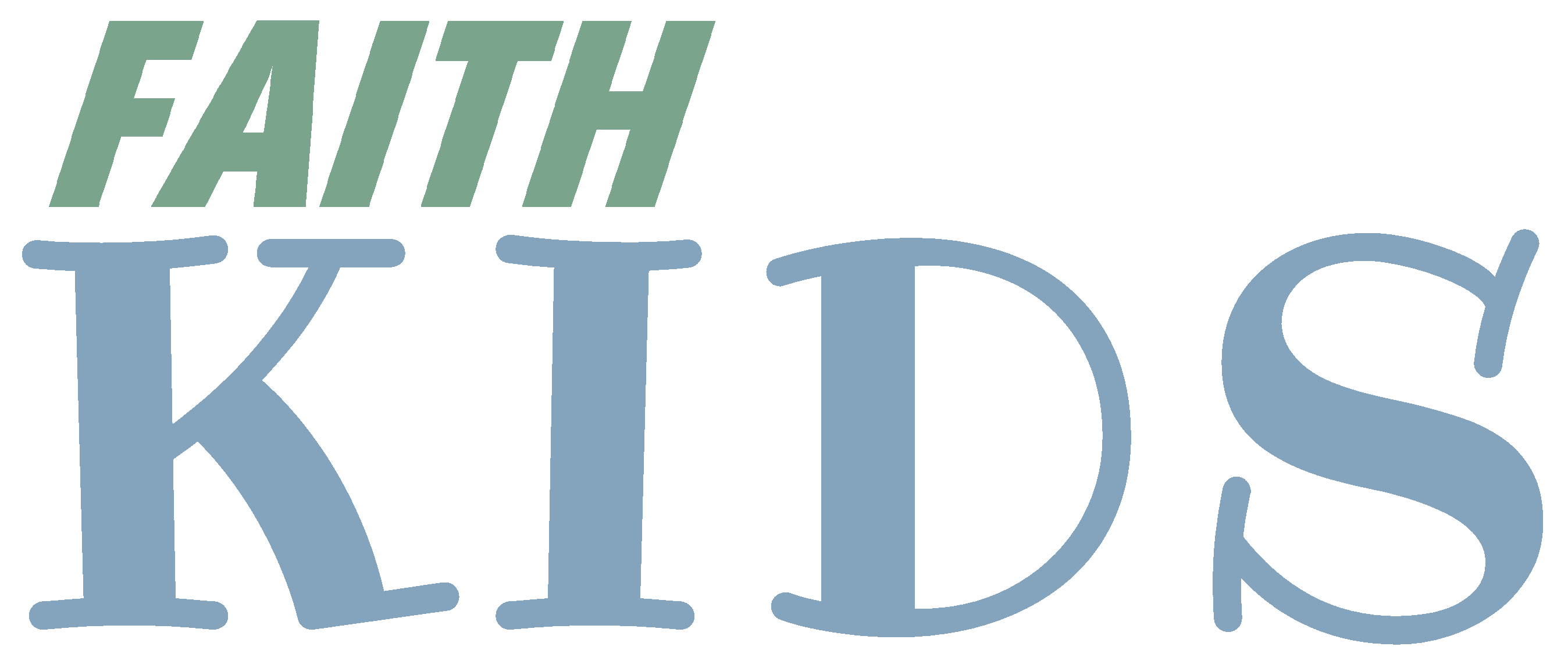 The word FAITH in green block letters above the word KIDS in blue upper case letters - logo for the children's ministry program of Faith Lutheran Church of McLean County in Bloomington Illinois