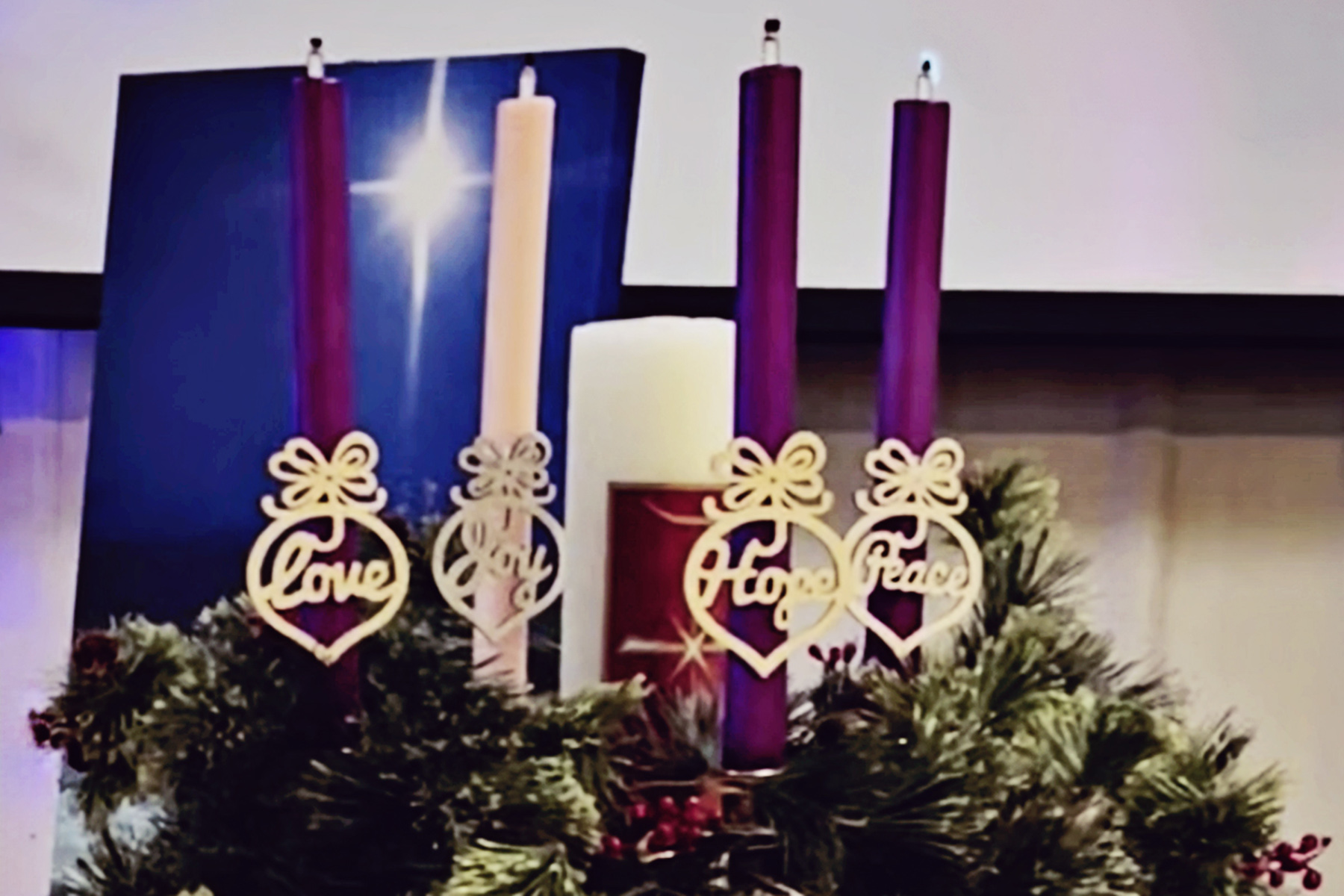 Sunday in Advent season, Advent wreath with unlit advent candles at Faith Lutheran Church of McLean County in Bloomington Illinois