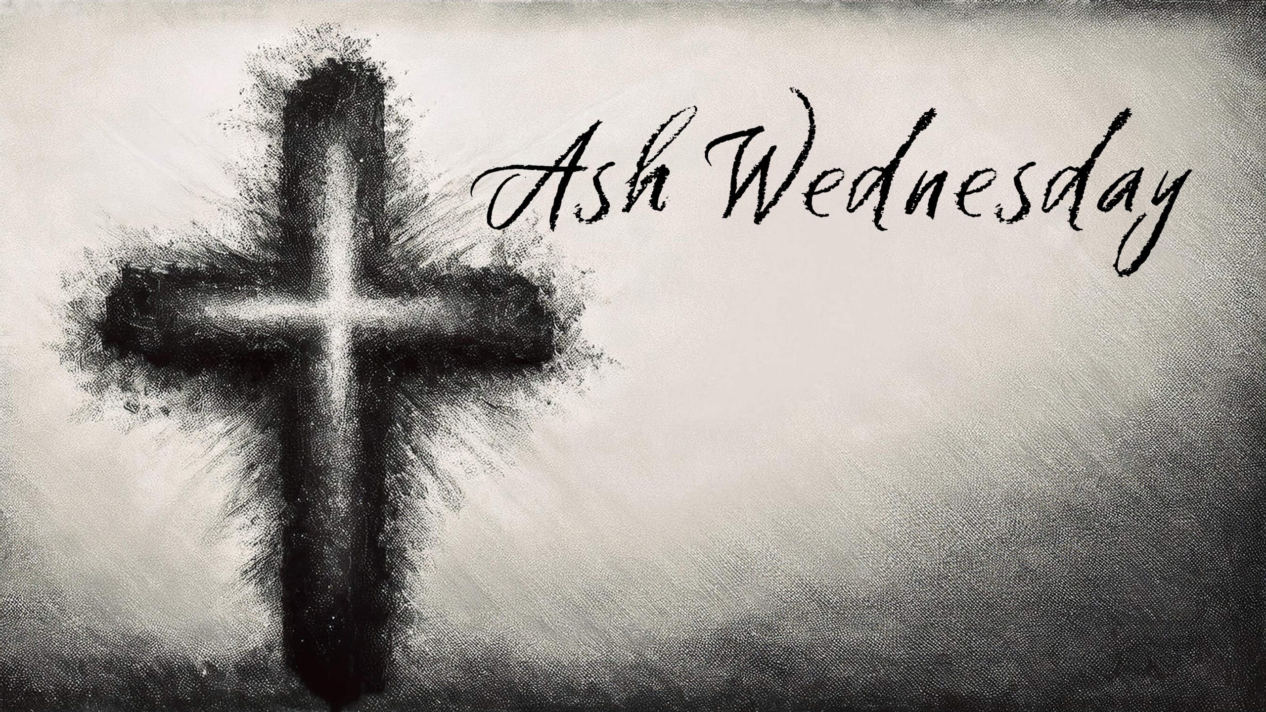 graphic of cross drawn with ashes and "Ash Wednesday" text overlay in black. white, gray announcing worship to begin Lent with Faith Lutheran Church of McLean County