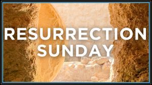 Resurrection Sunday text over photo of empty tomb in celebration of Easter 2025 with Faith Lutheran church of McLean County in Bloomington Illinois
