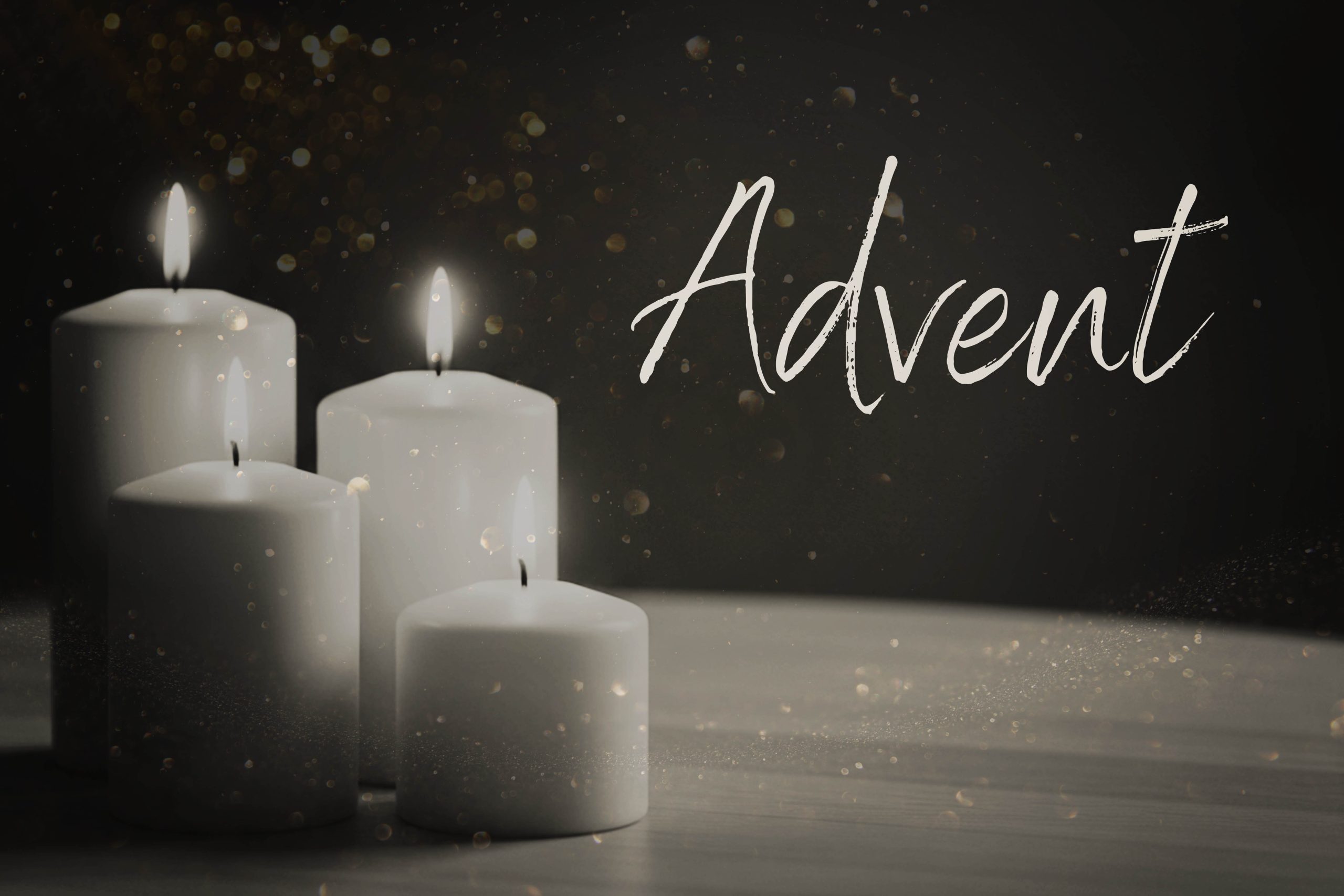 The word "Advent" overlaid on a black and white photo of 4 lit advent candles sitting on a table. Invitation to the Advent Season at Faith Lutheran Church of McLean County (Faith Church) in Bloomington Illinois